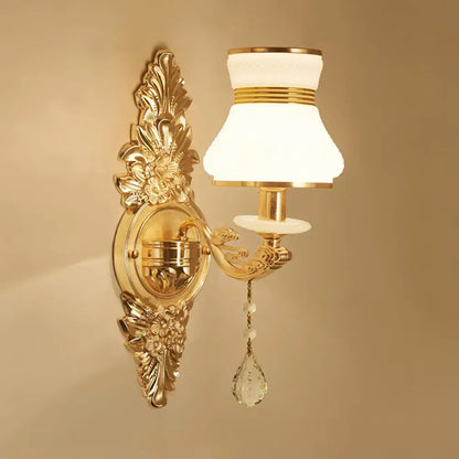 Modern ornate gold wall light with frosted glass shade bedroom sconce