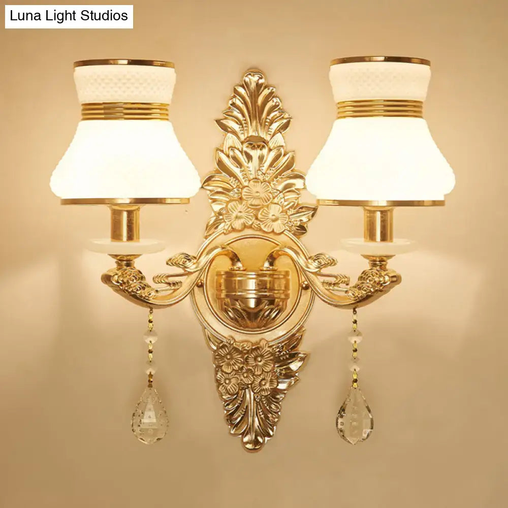 Modern ornate gold wall light with frosted glass shade bedroom sconce