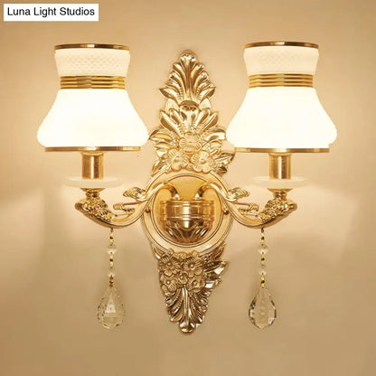 Modern ornate gold wall light with frosted glass shade bedroom sconce