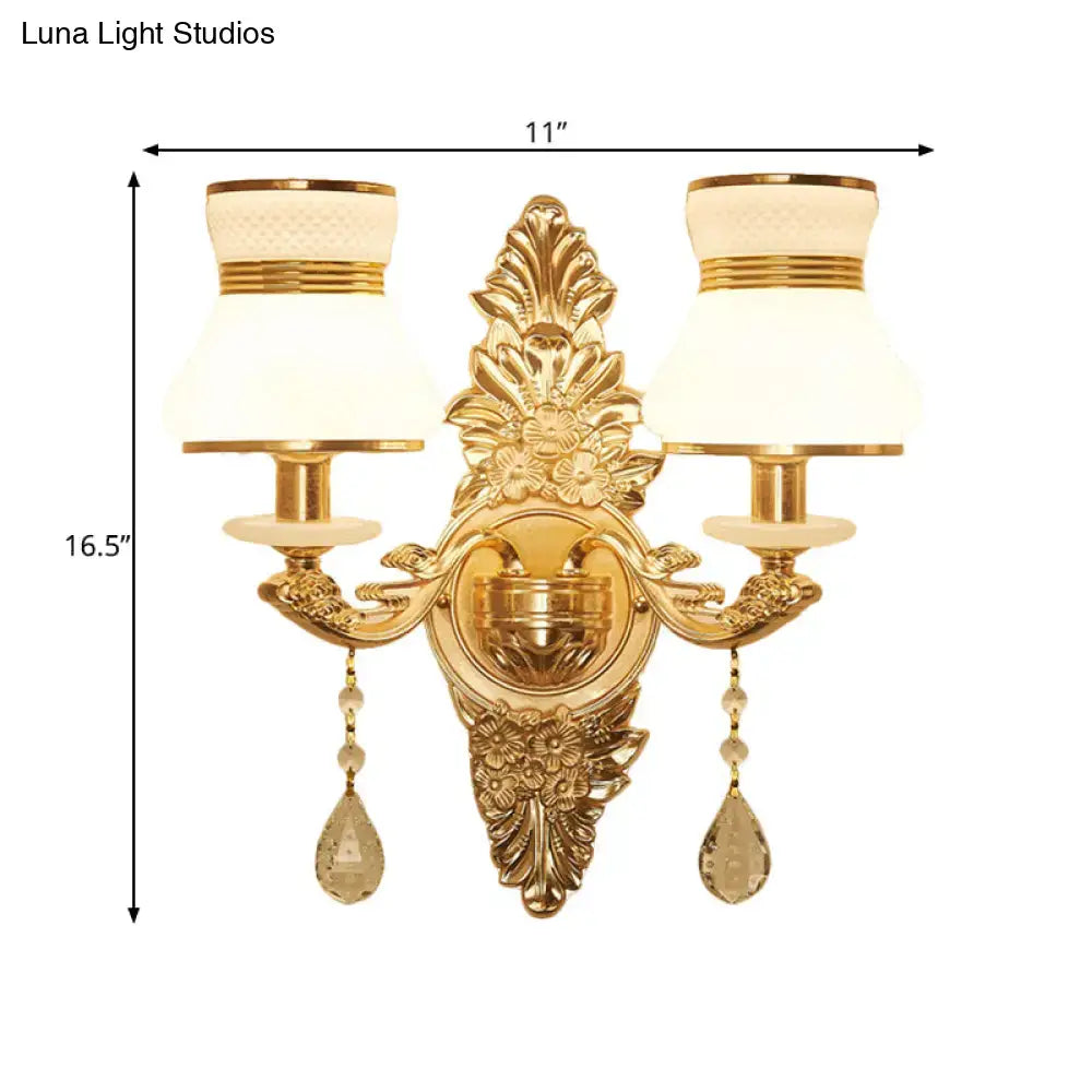 Modern ornate gold wall light with frosted glass shade bedroom sconce