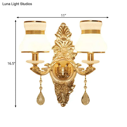 Modern ornate gold wall light with frosted glass shade bedroom sconce