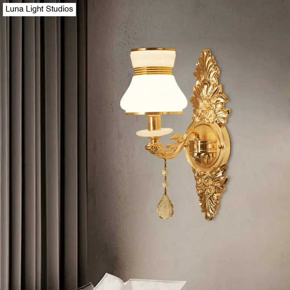 Modern ornate gold wall light with frosted glass shade bedroom sconce