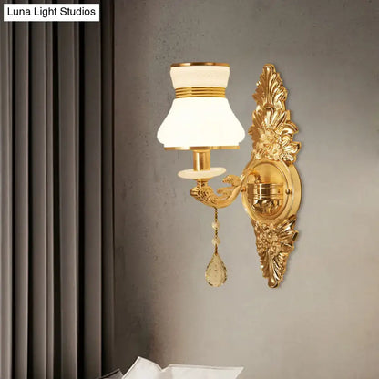 Modern ornate gold wall light with frosted glass shade bedroom sconce