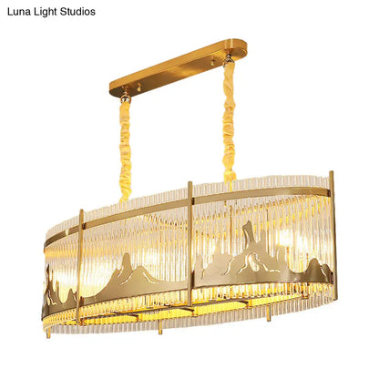 DecorBites™ Modern Oval Crystal Rod Island Pendant Lamp with Gold Carved Mountain Pattern