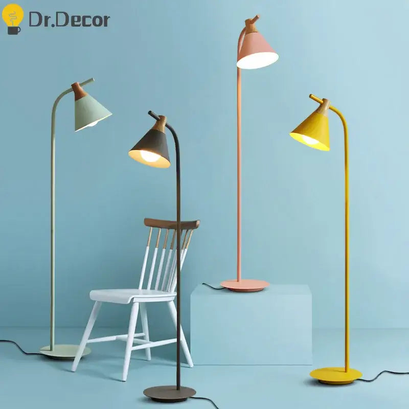 Modern pastel iron macaron floor lamp for living room wood accents