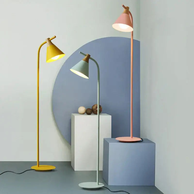 Modern pastel iron macaron floor lamp for living room wood accents