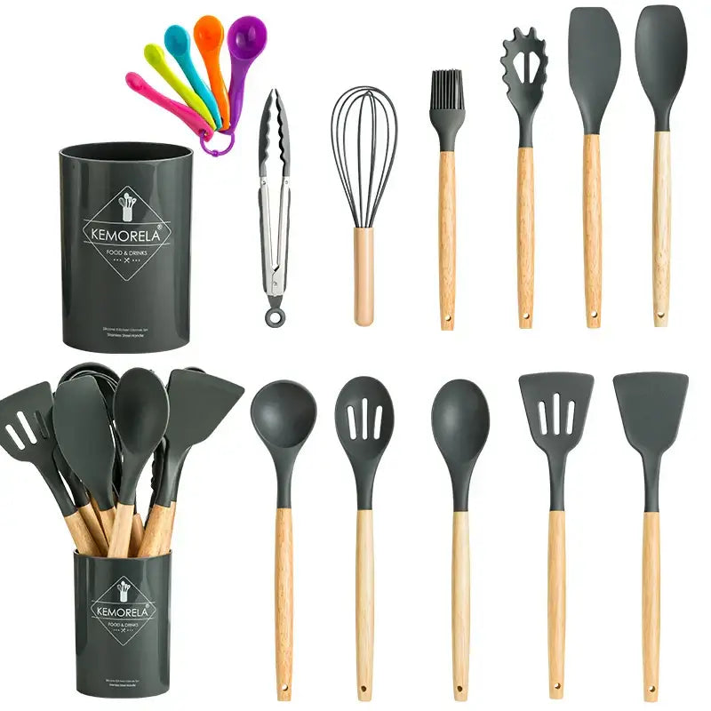 Modern pastel silicone kitchen utensil set with storage box