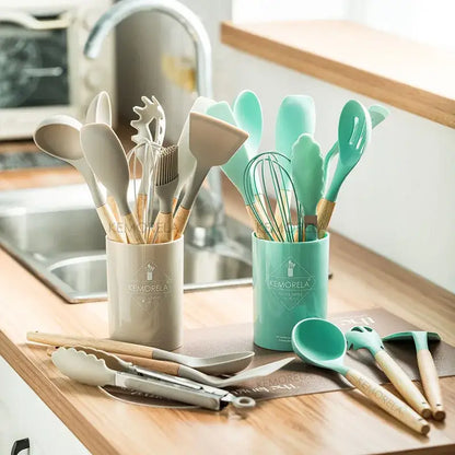 Modern pastel silicone kitchen utensil set with storage box