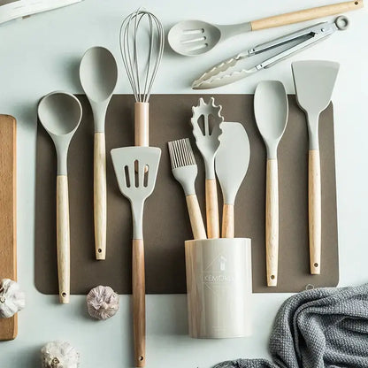 Modern pastel silicone kitchen utensil set with storage box
