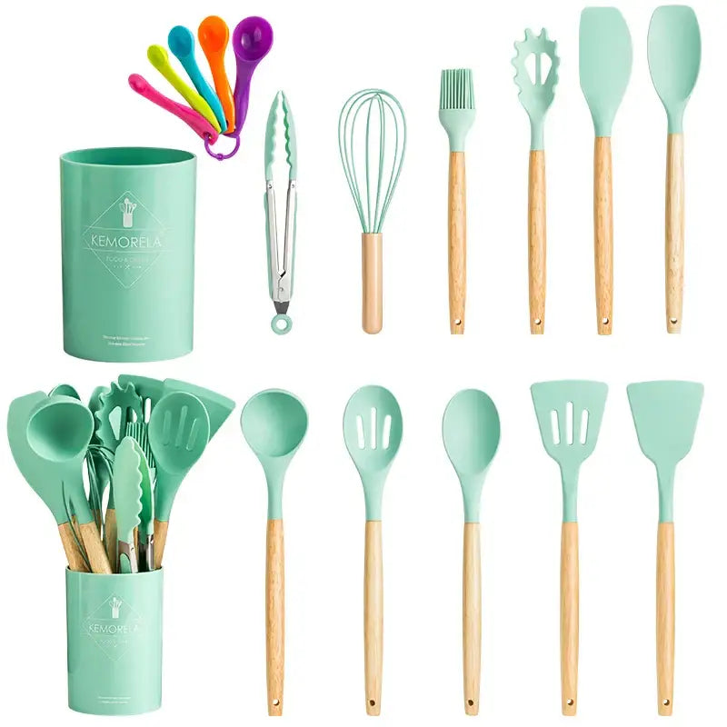 Modern pastel silicone kitchen utensil set with storage box