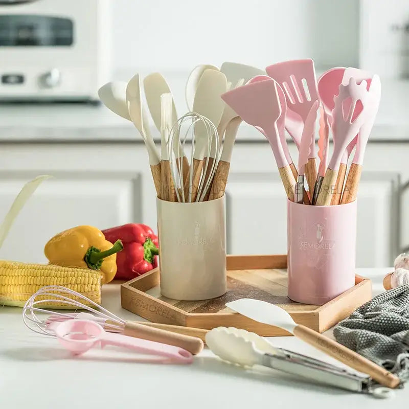 Modern pastel silicone kitchen utensil set with storage box