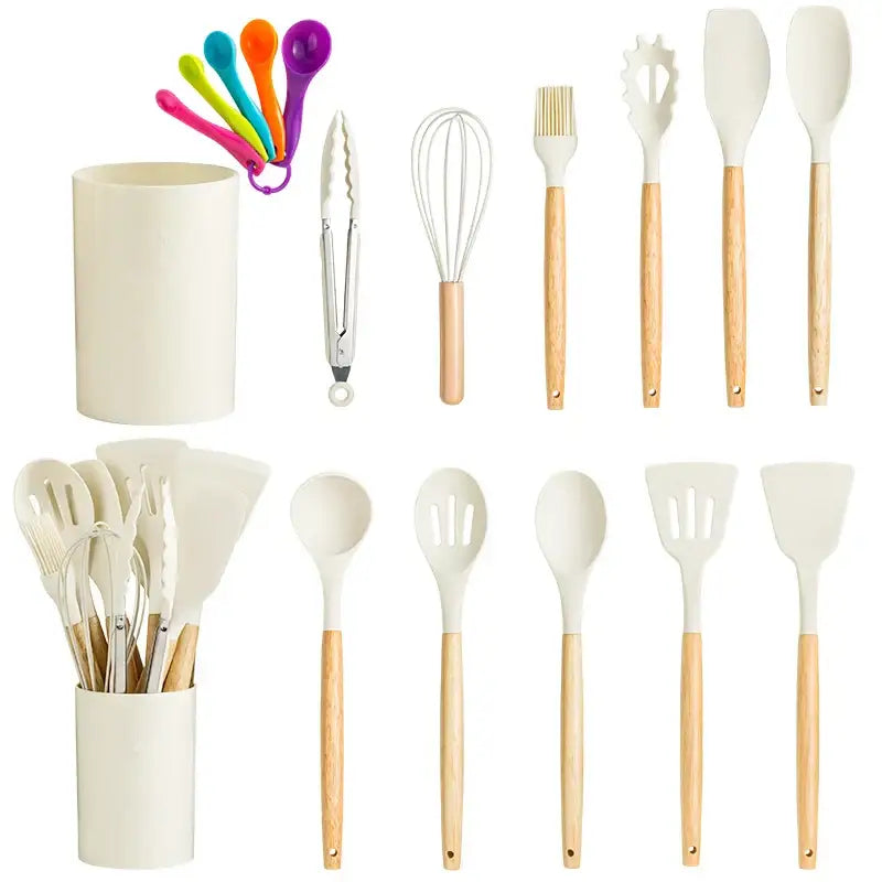 Modern pastel silicone kitchen utensil set with storage box