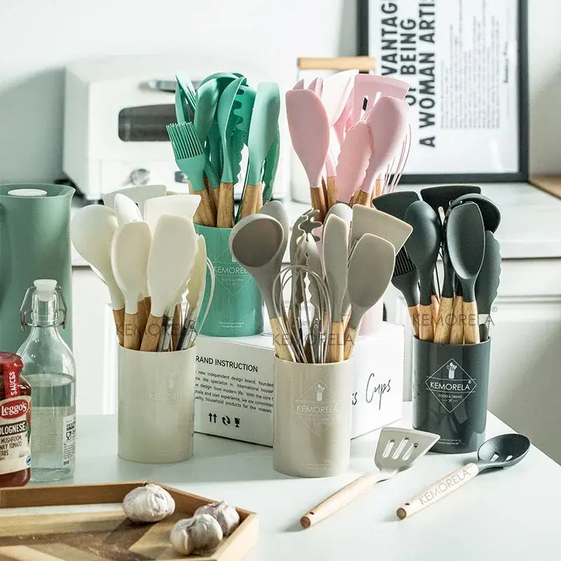 Modern pastel silicone kitchen utensil set with storage box
