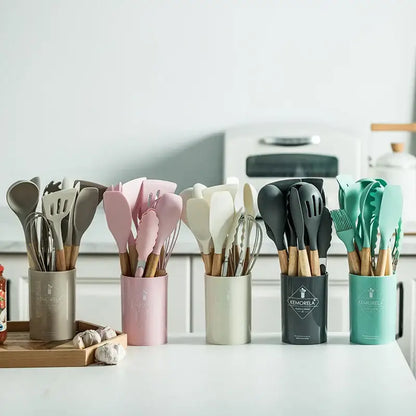 Modern pastel silicone kitchen utensil set with storage box