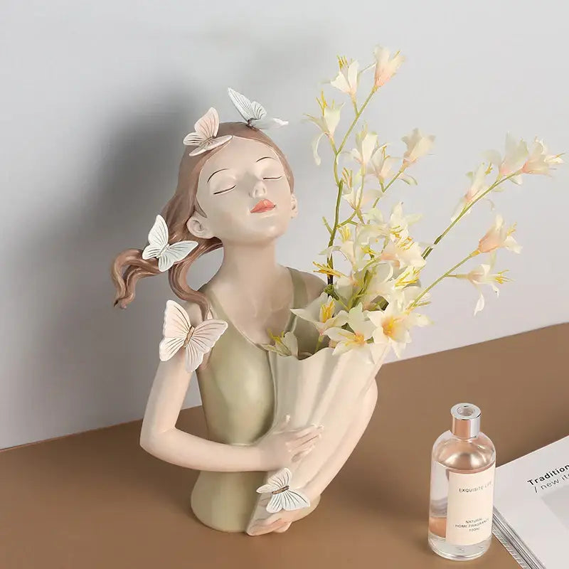 Modern pink butterfly girl resin figure living room decor gold tray