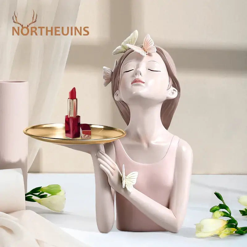 Modern pink butterfly girl resin figure living room decor gold tray