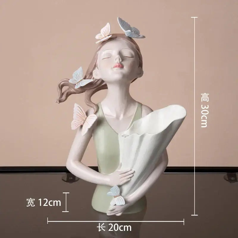 Modern pink butterfly girl resin figure living room decor gold tray