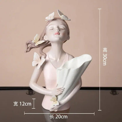 Modern pink butterfly girl resin figure living room decor gold tray