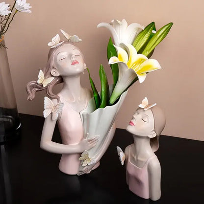 Modern pink butterfly girl resin figure living room decor gold tray