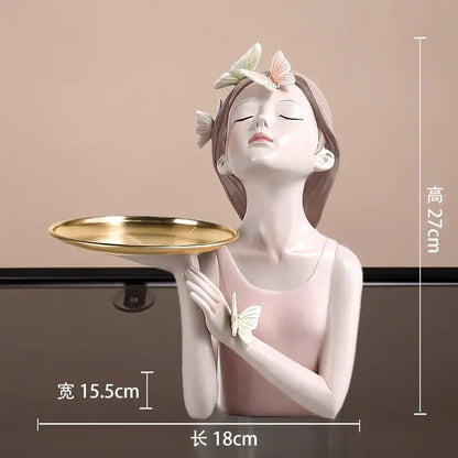 Modern pink butterfly girl resin figure living room decor gold tray
