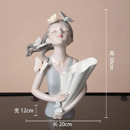 Modern pink butterfly girl resin figure living room decor gold tray