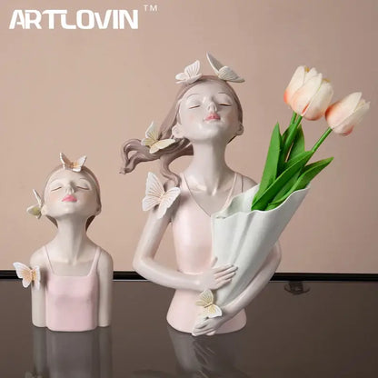 Modern pink butterfly girl sculpture living room resin flower vase