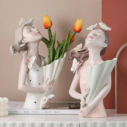 Modern pink butterfly girl sculpture living room resin flower vase