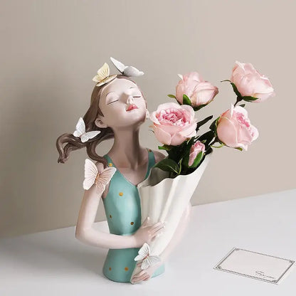 Modern pink butterfly girl sculpture living room resin flower vase