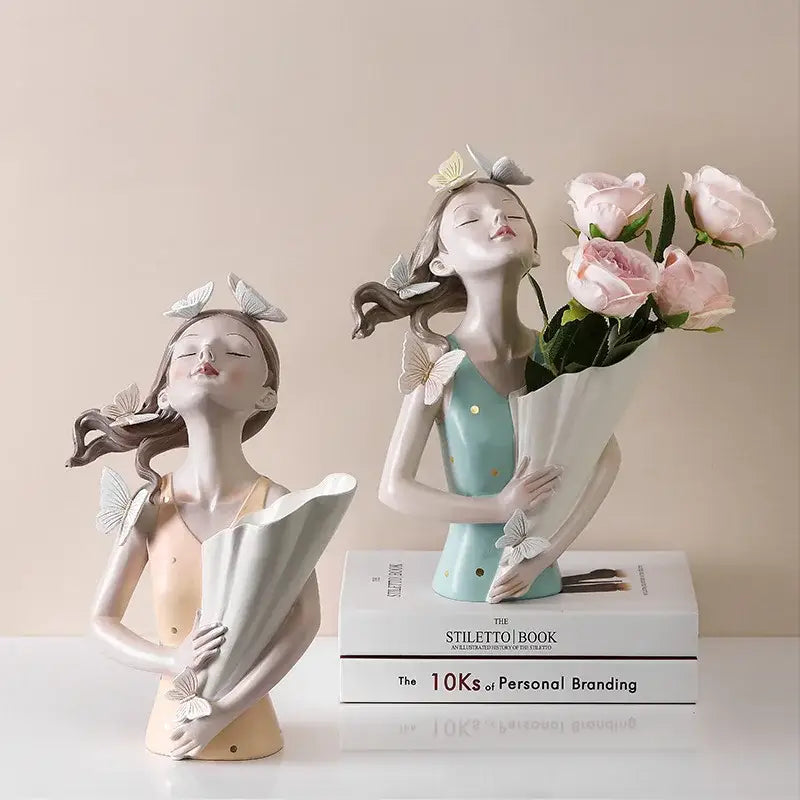 Modern pink butterfly girl sculpture living room resin flower vase