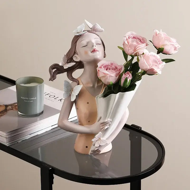 Modern pink butterfly girl sculpture living room resin flower vase