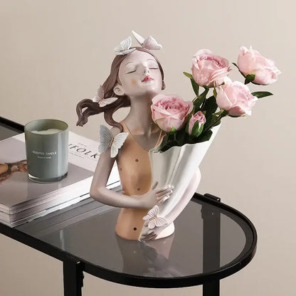 Modern pink butterfly girl sculpture living room resin flower vase