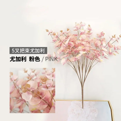 Modern pink eucalyptus flower arrangement living room glass vase
