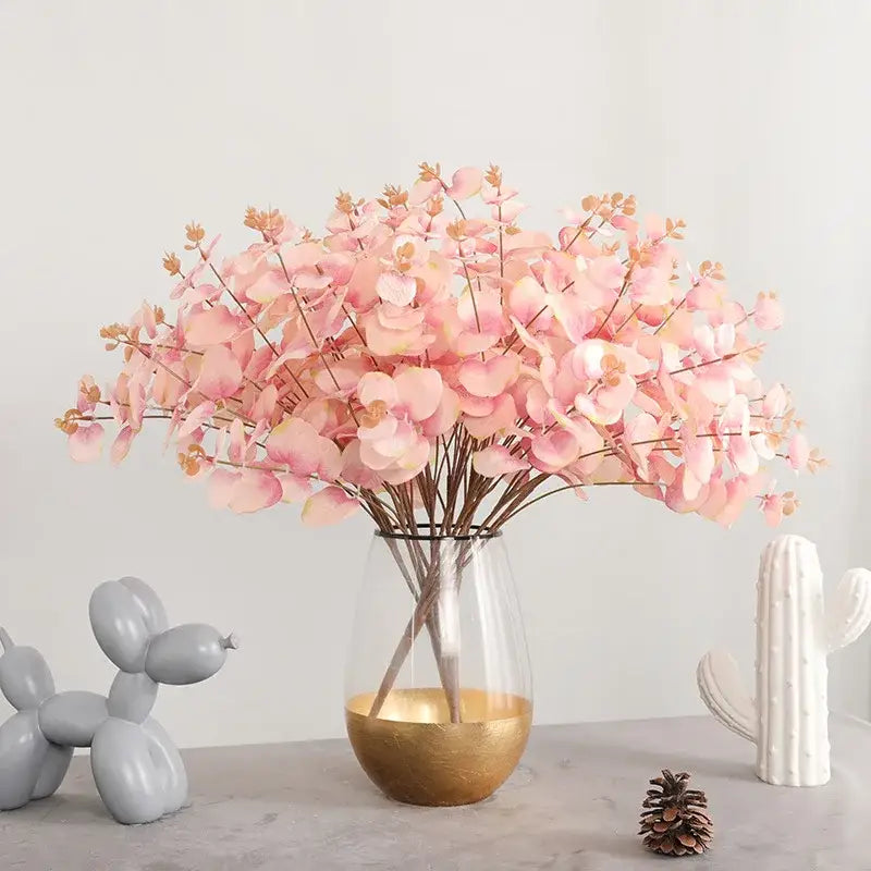 Modern pink eucalyptus flower arrangement living room glass vase