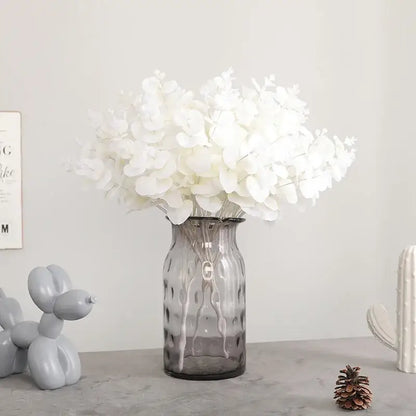 Modern pink eucalyptus flower arrangement living room glass vase