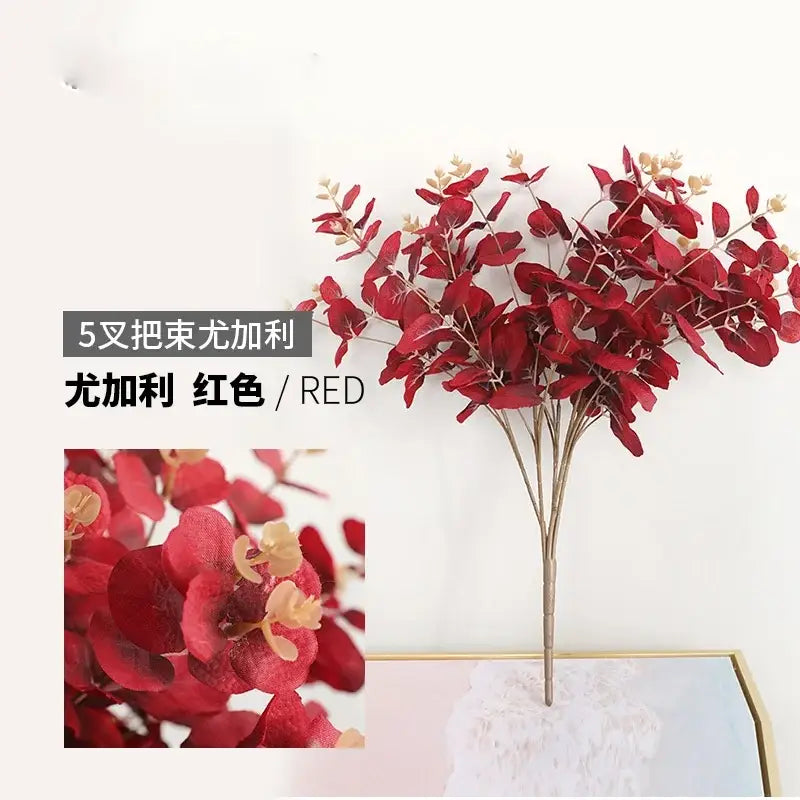 Modern pink eucalyptus flower arrangement living room glass vase