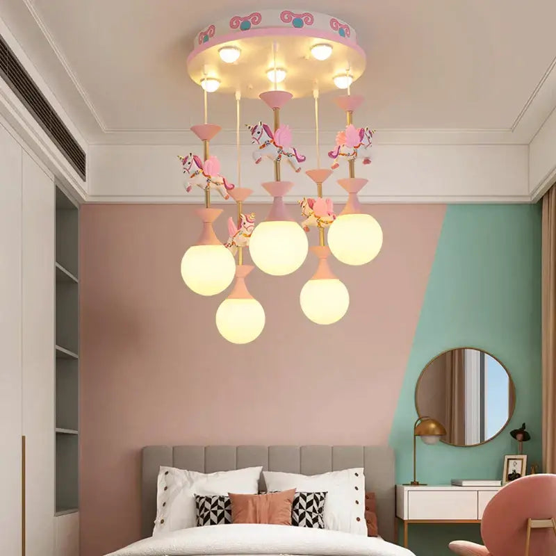 Modern pink & gold unicorn led chandelier – girls' bedroom light
