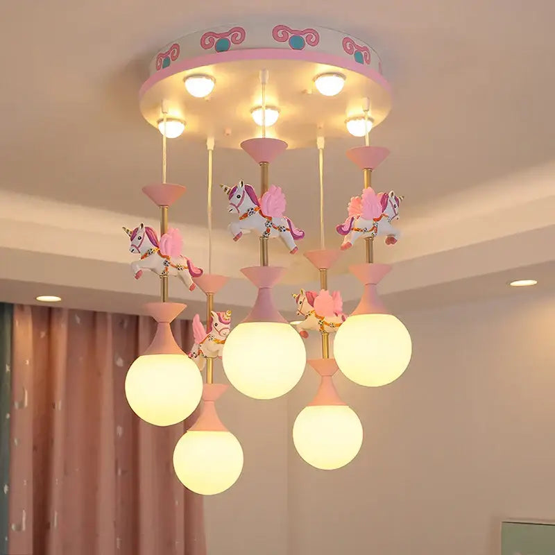 Modern pink & gold unicorn led chandelier – girls' bedroom light