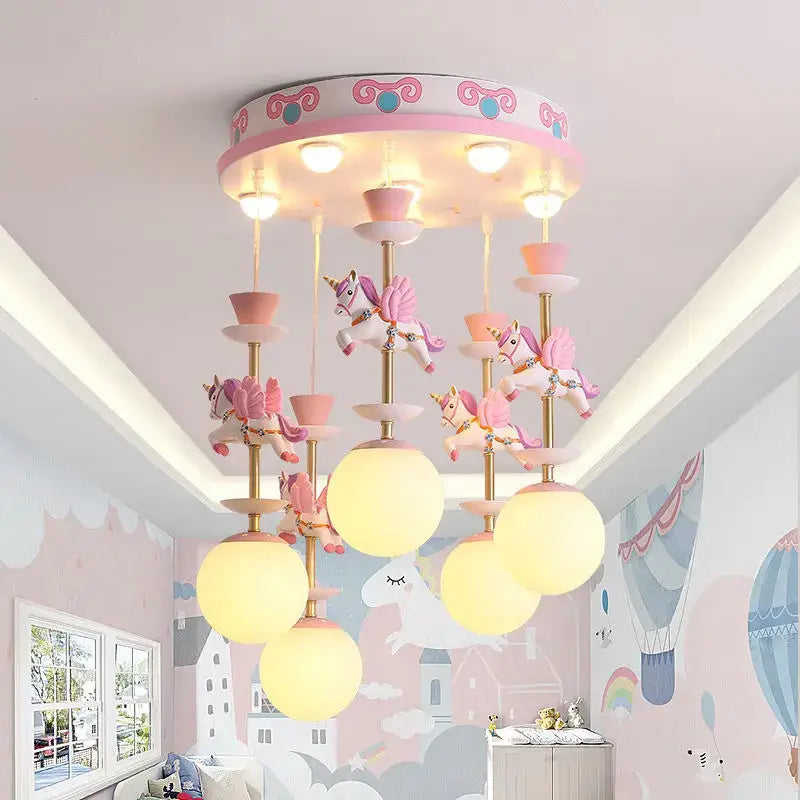 Modern pink & gold unicorn led chandelier – girls' bedroom light