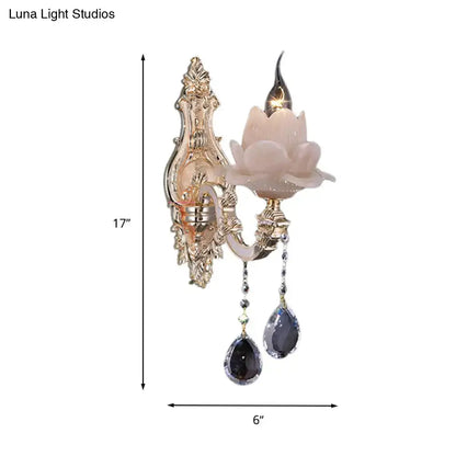 Modern pink lotus wall lamp with teardrop crystal – bedroom sconce