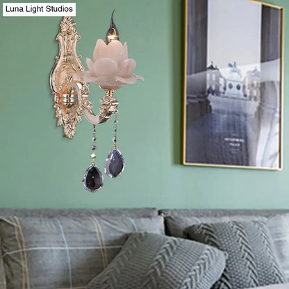 Modern pink lotus wall lamp with teardrop crystal – bedroom sconce
