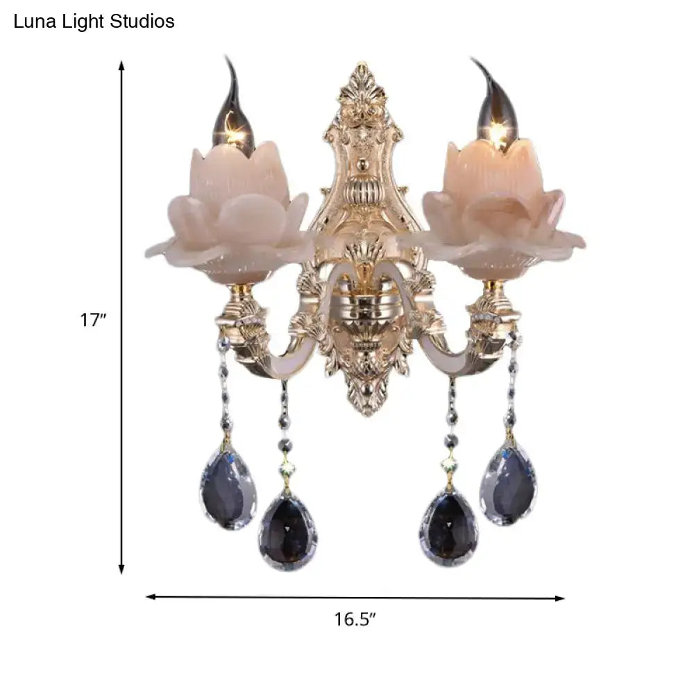 Modern pink lotus wall lamp with teardrop crystal – bedroom sconce