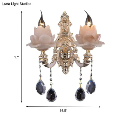 Modern pink lotus wall lamp with teardrop crystal – bedroom sconce