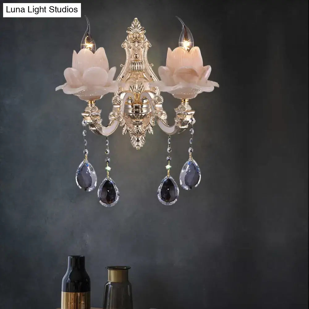 Modern pink lotus wall lamp with teardrop crystal – bedroom sconce