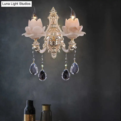 Modern pink lotus wall lamp with teardrop crystal – bedroom sconce