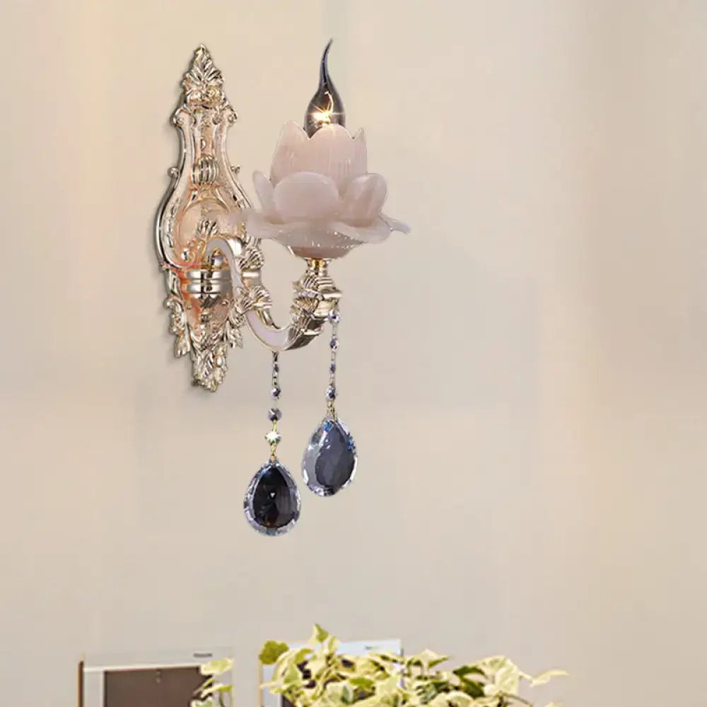 Modern pink lotus wall lamp with teardrop crystal – bedroom sconce