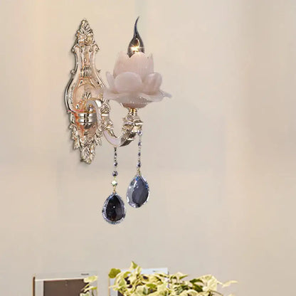 Modern pink lotus wall lamp with teardrop crystal – bedroom sconce