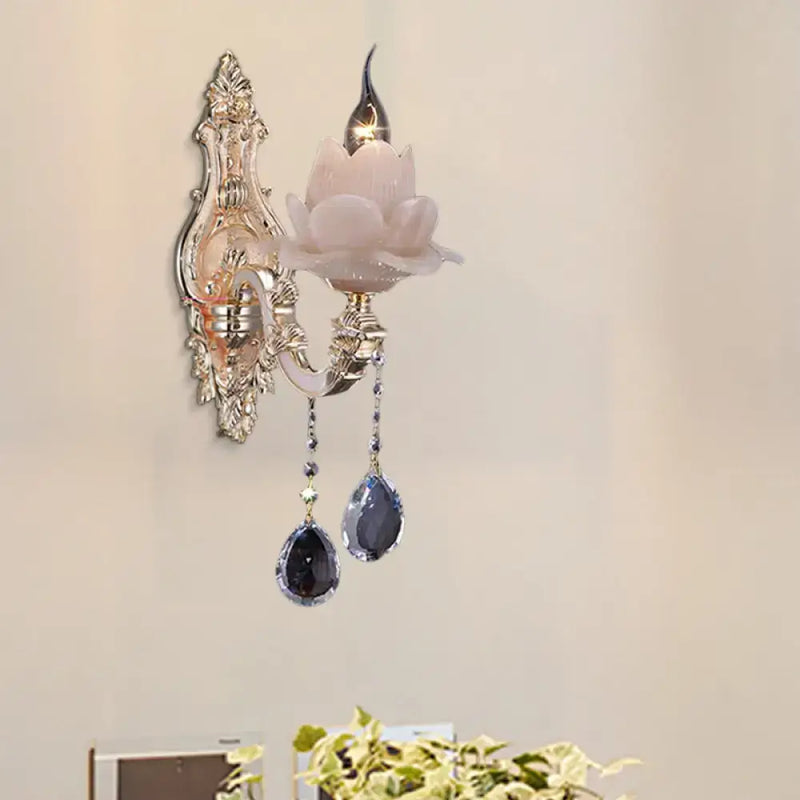 Modern pink lotus wall lamp with teardrop crystal – bedroom sconce