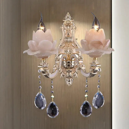 Modern pink lotus wall lamp with teardrop crystal – bedroom sconce