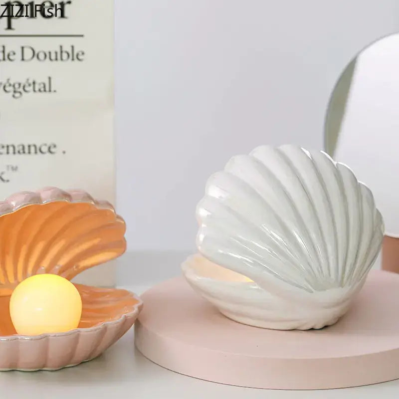 Modern pink & off-white pearl shell lamp desk decoration bedroom
