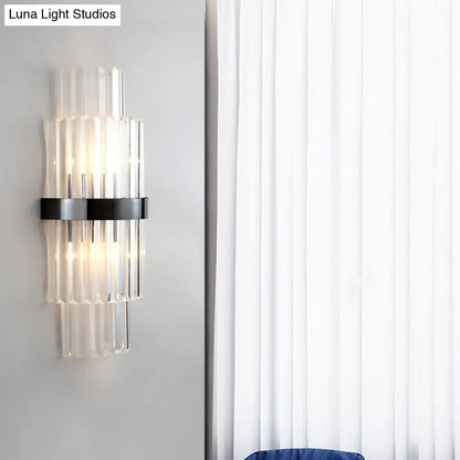DecorBites™ Modern Prism Crystal Wall Mount Lamp with 2 Tiers, 2 Bulbs, and Black Half-Cylinder Shade